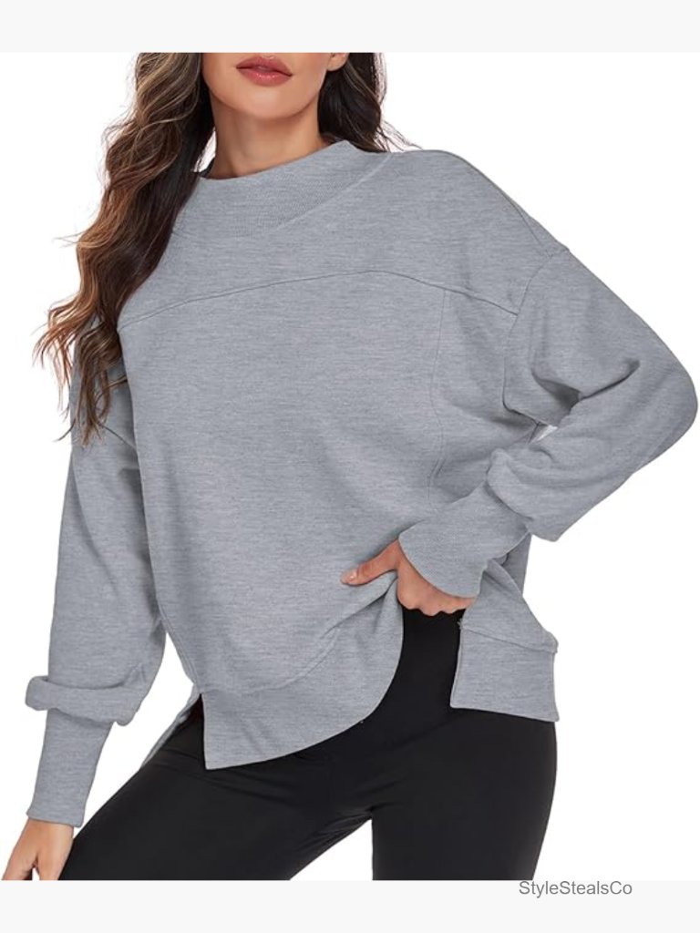 Long Sleeve Crewneck Sweatshirt Side Slit Lightweight Pullover Tops